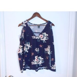 Rue 21 Floral Print Top Long Sleeve Casual Elegant Navy Blue Women Size L /#5212
